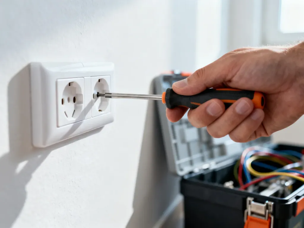 Elektryk używający śrubokręta do montażu białego gniazdka elektrycznego na ścianie.