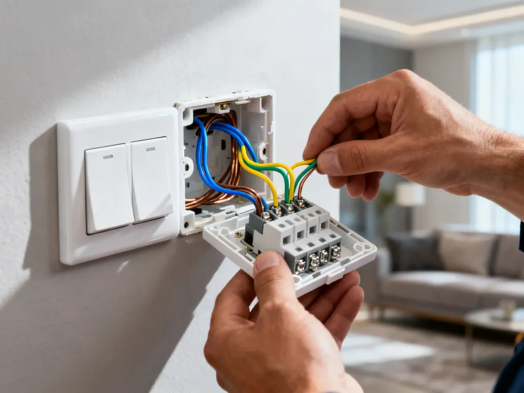 Elektryk podłącza przewody wewnątrz nowoczesnego włącznika podwójnego, montowanego na ścianie.